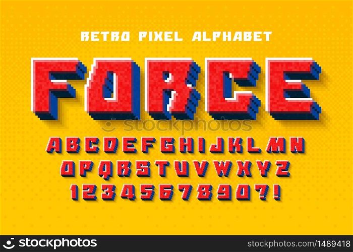Pixel vector alphabet design, stylized like in 8-bit games. High contrast, retro-futuristic. Easy swatch color control.. Pixel vector alphabet design, stylized like in 8-bit games.