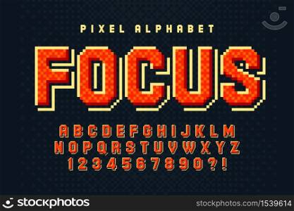 Pixel vector alphabet design, stylized like in 8-bit games. High contrast, retro-futuristic. Easy swatch color control.. Pixel vector alphabet design, stylized like in 8-bit games.