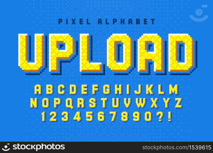 Pixel vector alphabet design, stylized like in 8-bit games. High contrast, retro-futuristic. Easy swatch color control.. Pixel vector alphabet design, stylized like in 8-bit games.