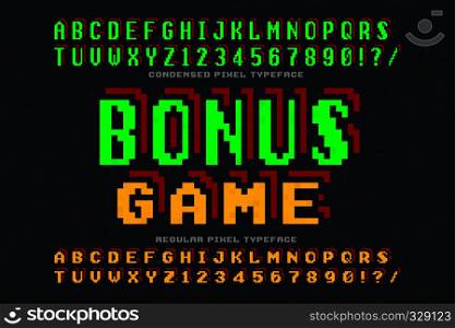Pixel vector font design, stylized like in 8-bit games. High contrast, retro-futuristic, 2 in 1. Easy swatch color control.. Pixel vector font design, stylized like in 8-bit games