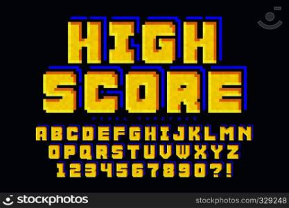Pixel vector font design, stylized like in 8-bit games. High contrast, retro-futuristic. Easy swatch color control.. Pixel vector font design, stylized like in 8-bit games