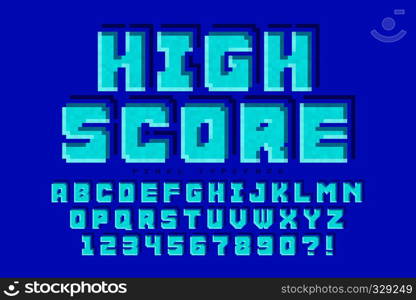 Pixel vector font design, stylized like in 8-bit games. High contrast, retro-futuristic. Easy swatch color control.. Pixel vector font design, stylized like in 8-bit games