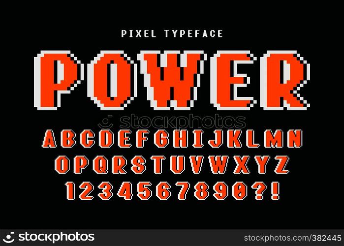 Pixel vector font design, stylized like in 8-bit games. High contrast, retro-futuristic. Easy swatch color control.. Pixel vector font design, stylized like in 8-bit games.