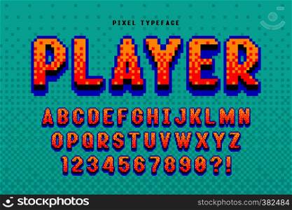 Pixel vector font design, stylized like in 8-bit games. High contrast, retro-futuristic. Easy swatch color control.. Pixel vector font design, stylized like in 8-bit games.