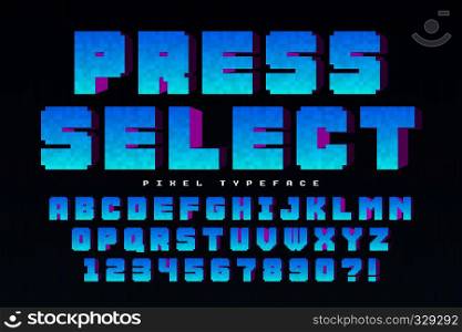 Pixel vector font design, stylized like in 8-bit games. Press select. High contrast, retro-futuristic. Easy swatch color control.. Pixel vector font design, stylized like in 8-bit games.