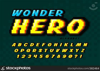 Pixel vector font design, super hero style alphabet. High contrast, retro-futuristic. Easy swatch color control. High contrast, retro-futuristic. Easy swatch color control.. Pixel vector font design, super hero style alphabet.