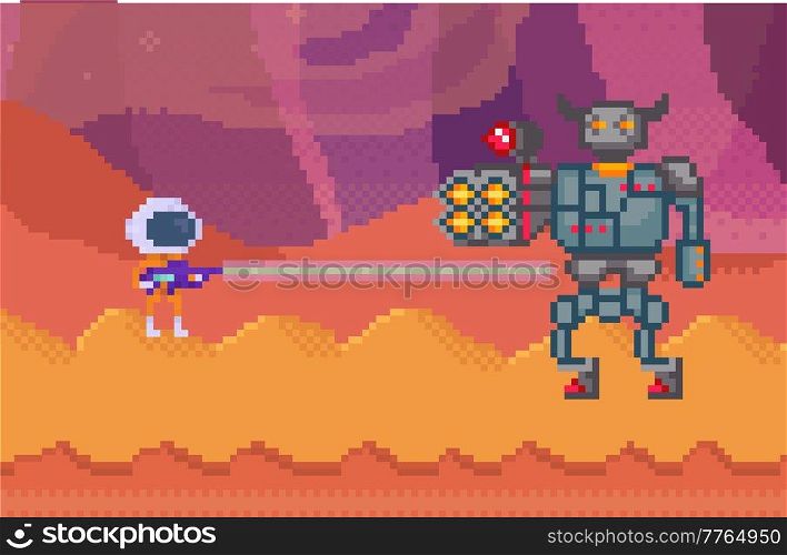 Pixelated alien in space suit with blaster shooting robot. Mechanical bot standing with rocket weapon in his hand and looks at enemy. Space pixel game interface design. Pixel characters are fighting. Pixelated alien in space suit with blaster shooting robot. Pixel characters with weapon are fighting