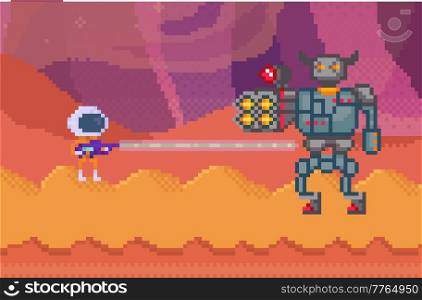 Pixelated alien in space suit with blaster shooting robot. Mechanical bot standing with rocket weapon in his hand and looks at enemy. Space pixel game interface design. Pixel characters are fighting. Pixelated alien in space suit with blaster shooting robot. Pixel characters with weapon are fighting