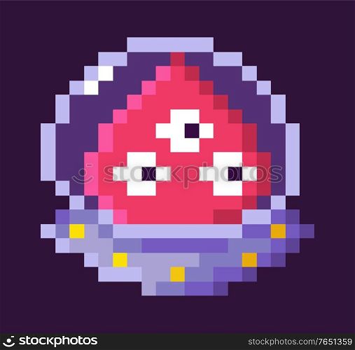 Pixelated character of 8 bit retro game vector, isolated alien sitting in spaceship, creature with three eyes, scary mutant floating in space flat style, pixel cosmic monster for mobile app games. Monster of Pixel Game in Spaceship, Alien Vector