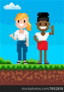 Pixelated character vector, people smiling standing on soil pixel art game of 8 bit graphics, friendly personage waving and greeting, lady in blouse. Pixel Character Smiling, Female Friendship Game