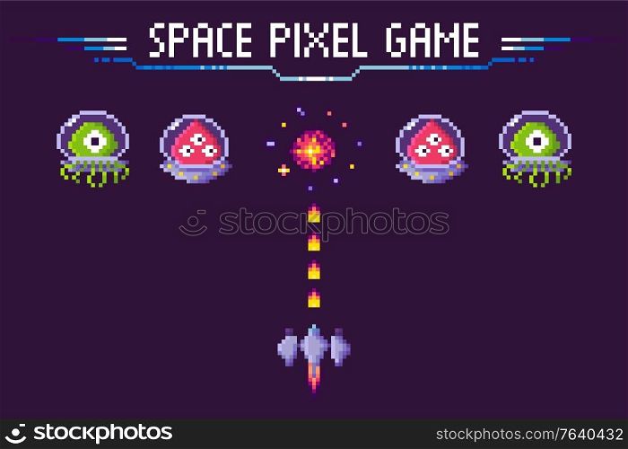 Pixelated characters and spaceship vector, pixel game with fight. Aliens in costumes, burst in sky fire of boom explosion in sky. Galaxy invaders attack. Space Pixel Game Aliens and Spaceship Pixelated
