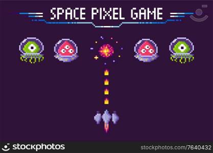 Pixelated characters and spaceship vector, pixel game with fight. Aliens in costumes, burst in sky fire of boom explosion in sky. Galaxy invaders attack. Space Pixel Game Aliens and Spaceship Pixelated