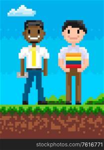 Pixelated graphics vector, man standing on grass, pixel art games characters smiling positive personage shy look of people friends on nature with clouds. Pixel People on Field, Friends Pixelated Graphics