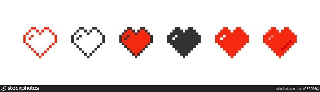 Pixelated heart in different styles icon set. Pixel game life symbol. Cute st valentine&rsquo;s day red heart, game element. Outline flat and colored style. Vector illustration.