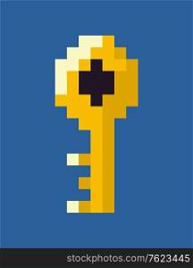 Pixelated key isolated icon vector, pixel art game sign of golder object, unlocking doors and secrets, graphics of 80s, 8bit design of lock symbolizing mystery. Key Pixel Game Graphics, Unlocking Secrets Vector
