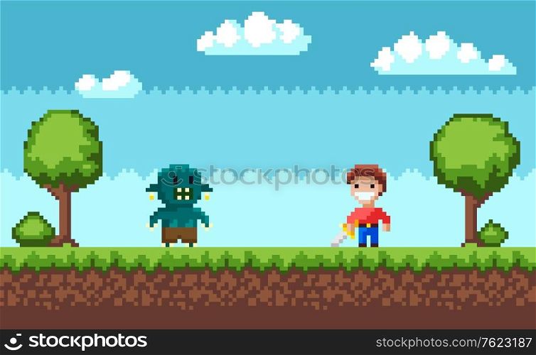 Pixelated knight holding steel standing near geek with teeth, 8 bit portrait view of monster and cavalier characters, hero battle in video-game, duel between opponent, pixel game vector. Duel of Monster and Knight with Galive Vector