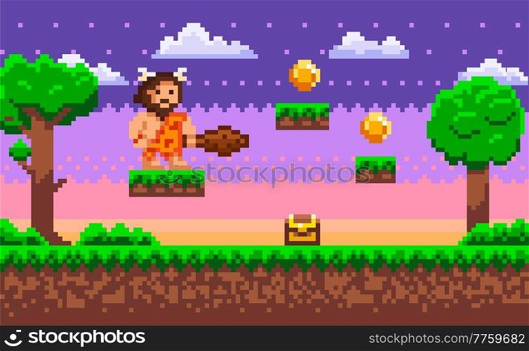 Pixelated natural landscape with caveman standing on meadow at night near platform with wooden chest. Pixel-game primitive man male brave character in clothes made of animal skins holding wooden club. Pixelated natural landscape with caveman standing on meadow at night near platform with wooden chest