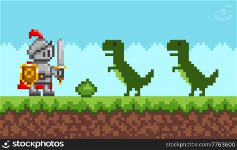 Pixelated natural landscape with warrior holding shield and sword fighting against green dragons. Cartoon pixel-game person to use in computer game. Minimalistic pixel knight with weapons and dinosaur. Pixelated natural landscape with warrior holding shield and sword fighting against green dragons