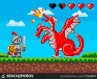 Pixel monster character red three-headed dragon. Pixelated dinosaur ...