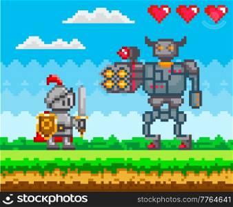 Pixelated natural landscape with warrior holding shield and sword standing on green grass. Knight attacks mechanical robot in armor. Minimalistic pixel cavalier near rocket-firing character. Warrior holding shield and sword standing on green grass. Knight attacks mechanical robot in armor