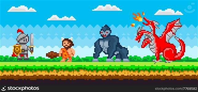 Pixelated natural landscape with warrior holding shield and sword standing on green grass. Knight attacks mechanical robot in armor, gorilla and dragon. Minimalistic pixel cavalier near monsters. Knight attacks mechanical robot in armor, gorilla and dragon. Pixel cavalier near monsters