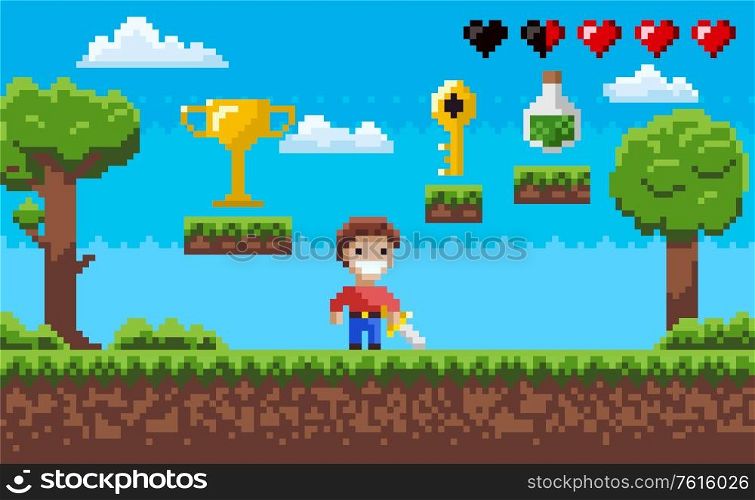 Pixelated scenery vector, pixel art game process with hero character and nature, life in form of hearts, elixir in bottle, award on layer, golden key. Pixel Game Scene, Arcade with Character and Tasks