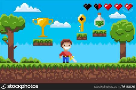 Pixelated scenery vector, pixel art game process with hero character and nature, life in form of hearts, elixir in bottle, award on layer, golden key. Pixel Game Scene, Arcade with Character and Tasks