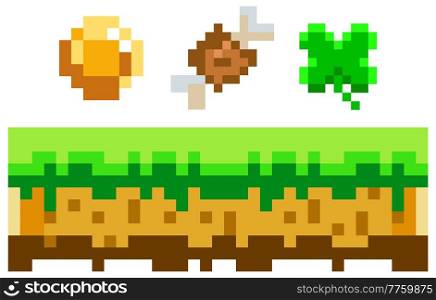 Pixelated symbols of items collected during game against background of ground and grass platform. Pixel-game interface layout design with golden coin, leaf, meat bone. Pixel 8 bit retro video game. Pixelated symbols of items collected during game against background of ground and grass platform