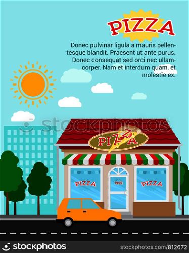 Pizza advertising banner with shop building and landscape, vector illustration. Pizza advertising banner with shop building