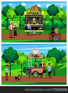 Pizza and coffee shop set posters, people walking in city park buying drinks, collection vector illustrations on background of green trees. Pizza and Coffee Shop Set Vector Illustration