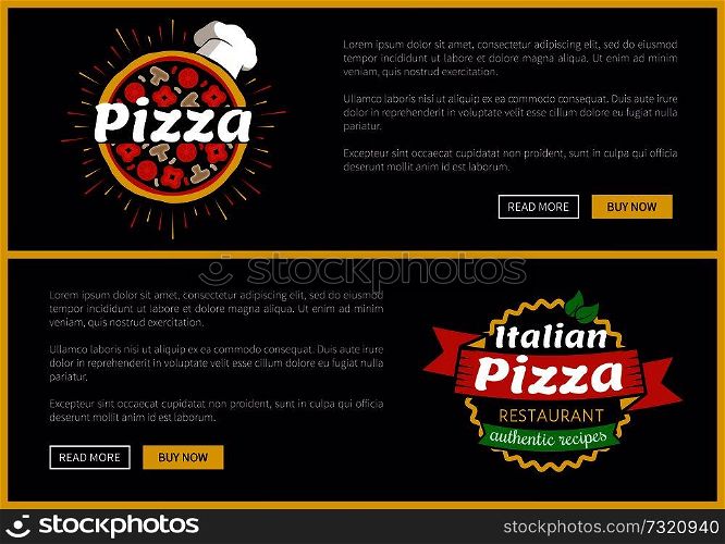 Pizza and Italian recipes set of web pages with text sample easy to edit and logos of pizza, headlines and buttons isolated on vector illustration. Pizza and Italian Recipes Set Vector Illustration
