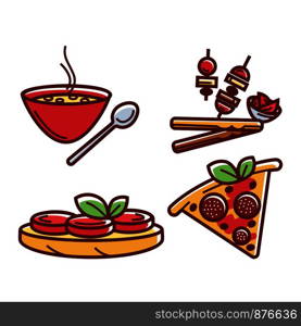 Pizza and meat dishes icons set. Traditional meals of countries, bowl of hot soup, slice of Italian food with sausages cheese and olives. Brochettes on skewers with mushrooms vector illustration. Pizza and meat dishes icons set vector illustration
