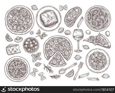 Pizza and pasta. Italian food, doodle variety dishes tomato wine. Hand drawn traditional cuisine of italy, spaghetti plate cheese vector set. Illustration pizza and pasta cooking, menu food. Pizza and pasta. Italian food, doodle variety dishes tomato wine. Hand drawn traditional cuisine of italy, spaghetti plate cheese vector set