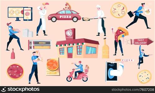 Pizza and people flat set pizzeria house chef making pizza courier and delivery transport isolated vector illustration. Pizza And People Flat Set