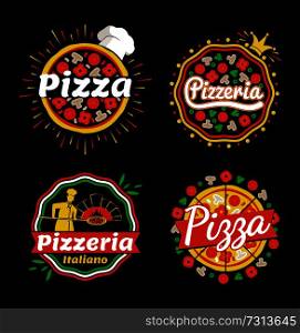 Pizza and pizzeria logos set, collection of badges of pizza and pizzaria Italiano, slices and hat, crown and cook, isolated on vector illustration. Pizza and Pizzeria Logos Set Vector Illustration