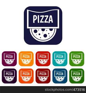 Pizza badge or signboard icons set vector illustration in flat style In colors red, blue, green and other. Pizza badge or signboard icons set flat