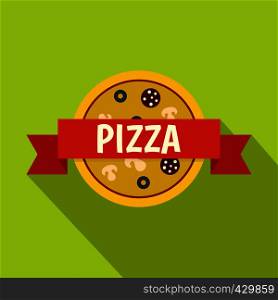Pizza badge with red ribbon icon. Flat illustration of pizza badge with red ribbon vector icon for web isolated on lime background. Pizza badge with red ribbon icon, flat style