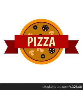 Pizza badge with red ribbon icon flat isolated on white background vector illustration. Pizza badge with red ribbon icon isolated