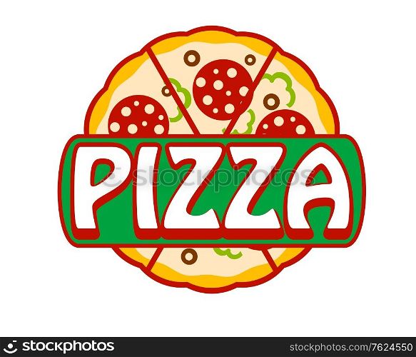 Pizza banner, icon or sign with the word - Pizza - over a whole freshly baked pepperoni or salami pizza isolated on white