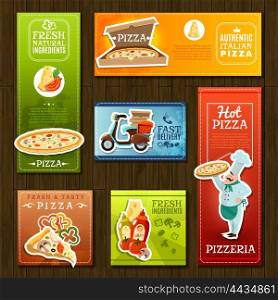 Pizza Banners Set. Pizza cartoon banners set with pizzeria symbols on wooden background isolated vector illustration