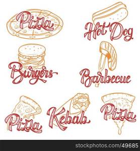 Pizza, barbecue, kebab, hot dog, burgers. Set of hand drawn fast food emblems. Design elements for logo, label, emblem, sign, menu. Vector illustration