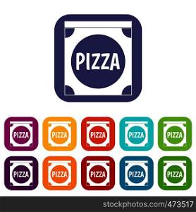 Pizza box cover icons set vector illustration in flat style In colors red, blue, green and other. Pizza box cover icons set flat