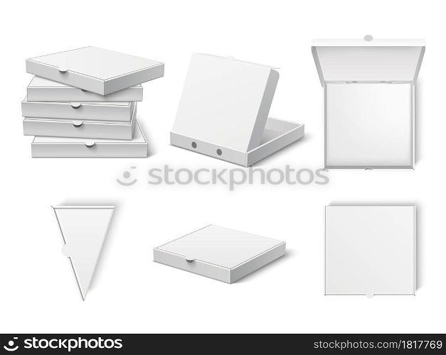 Pizza box mockup. Realistic clean white packaging, 3d open and closed paper square containers, delivery cardboard packing, italian fast food vector set. Pizza box mockup. Realistic clean white packaging, 3d open and closed containers, delivery cardboard packing, italian fast food. Vector set