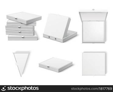 Pizza box mockup. Realistic clean white packaging, 3d open and closed paper square containers, delivery cardboard packing, italian fast food vector set. Pizza box mockup. Realistic clean white packaging, 3d open and closed containers, delivery cardboard packing, italian fast food. Vector set