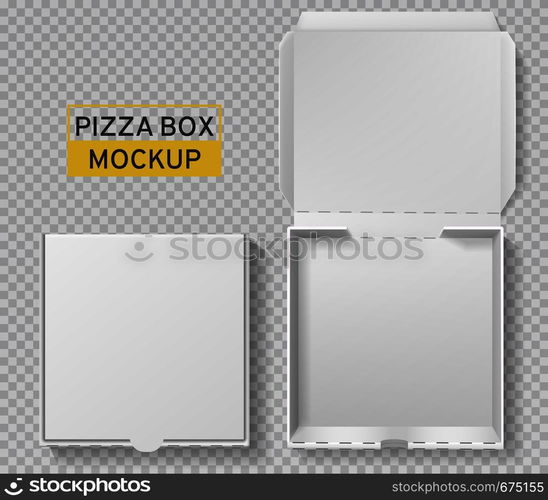 Pizza box. Open and closed pizza pack, top view paper white carton mockup, meal delivery, fast food lunch realistic vector packaging template. Pizza box. Open and closed pizza pack, top view paper white carton mockup, meal delivery, fast food lunch realistic vector template