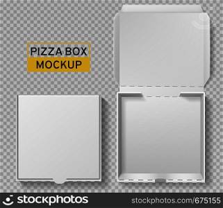 Pizza box. Open and closed pizza pack, top view paper white carton mockup, meal delivery, fast food lunch realistic vector packaging template. Pizza box. Open and closed pizza pack, top view paper white carton mockup, meal delivery, fast food lunch realistic vector template