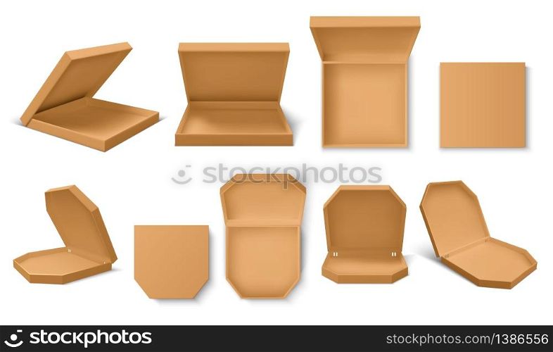Pizza box. Realistic 3D craft food containers for pizza delivery service, blank mockup for brand identity. Vector image collection product packet, empty pizza box set. Pizza box. Realistic 3D craft food containers for pizza delivery service, blank mockup for brand identity. Vector empty pizza box set