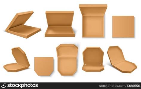 Pizza box. Realistic 3D craft food containers for pizza delivery service, blank mockup for brand identity. Vector image collection product packet, empty pizza box set. Pizza box. Realistic 3D craft food containers for pizza delivery service, blank mockup for brand identity. Vector empty pizza box set