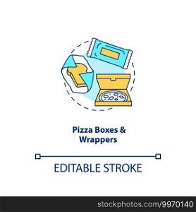 Pizza boxes and wrappers concept icon. Corrugated cardboard idea thin line illustration. Soiling with cheese, grease and other foods. Vector isolated outline RGB color drawing. Editable stroke. Pizza boxes and wrappers concept icon