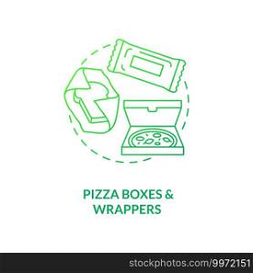 Pizza boxes and wrappers concept icon. Corrugated cardboard idea thin line illustration. Recycling no-go. Snacks wrappers. Packaging sustainability. Vector isolated outline RGB color drawing. Pizza boxes and wrappers concept icon